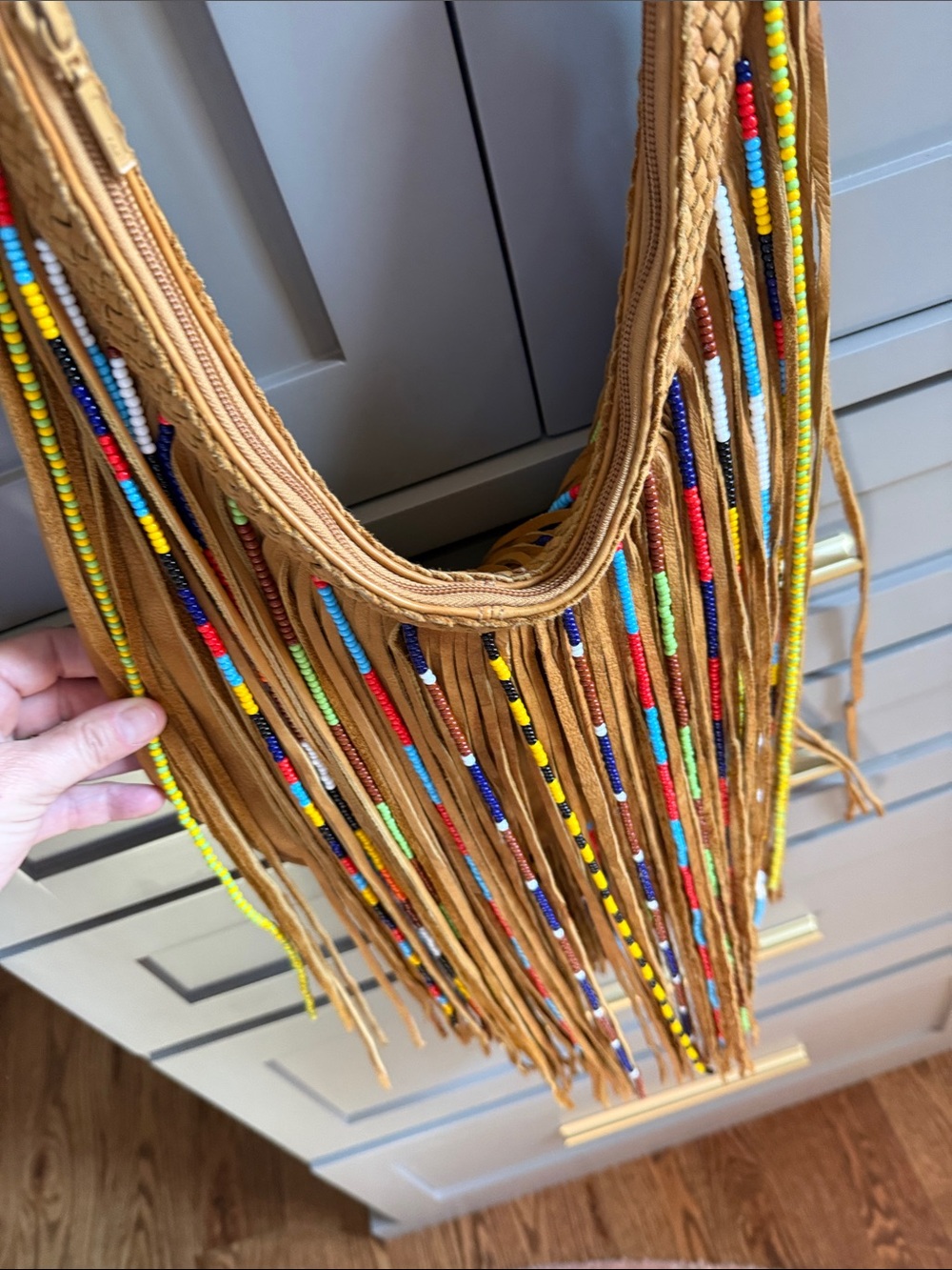 Kobler, Gypsy bag. Fringed Boho Crossbody Bag in Tan with Colorful Bead Accents - Picture 5 of 11